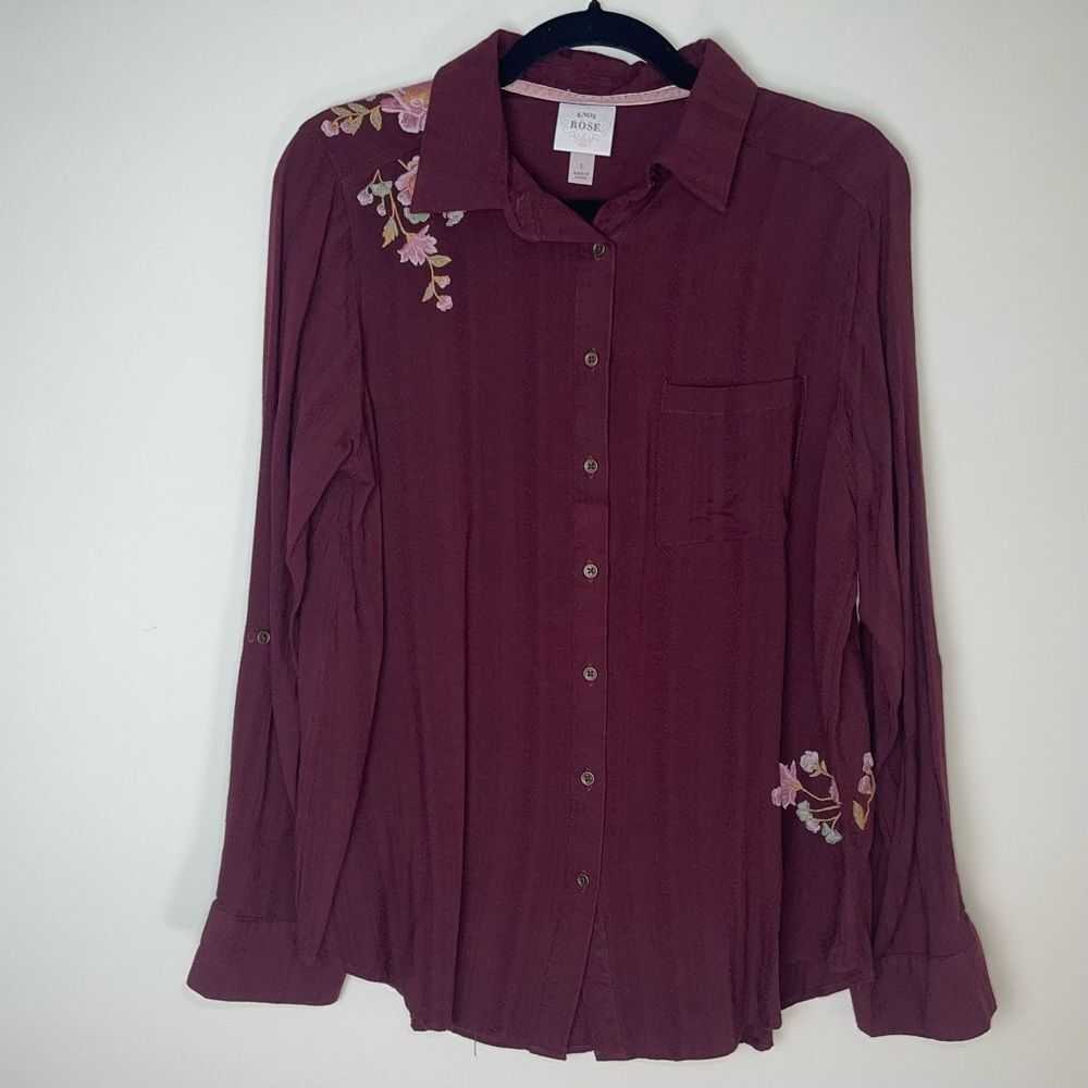 Knox Rose | Burgundy Floral Embroidery Button Up Top | Large